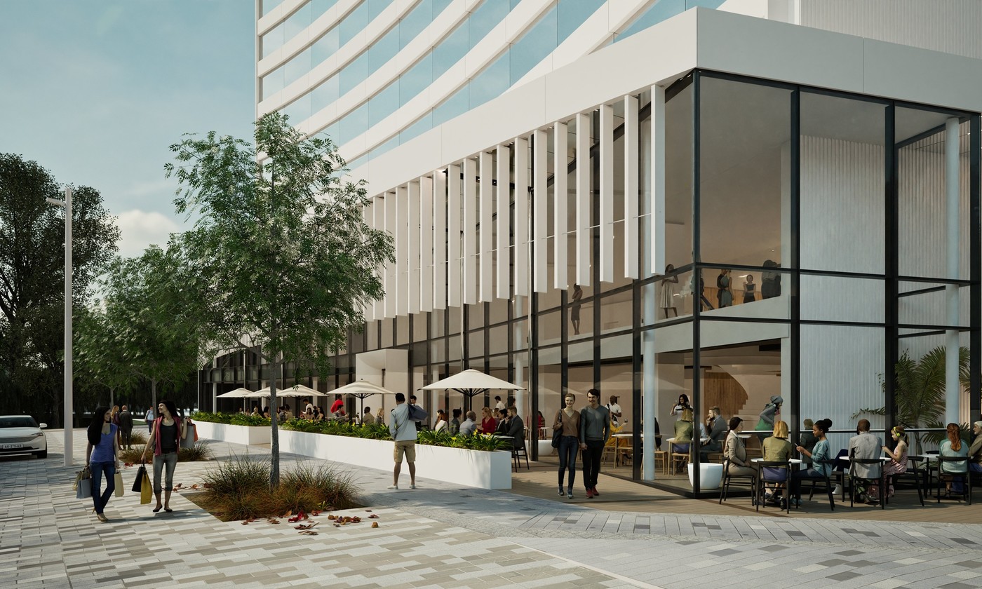 Contemporary hotel with glass-walled restaurant, people socialising in outdoor seating, and sleek architectural design for urban hospitality spaces